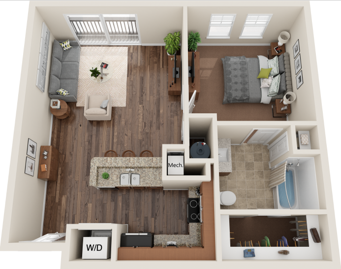 Floor plan for 1 bed, 1 bath, 739 sqft
